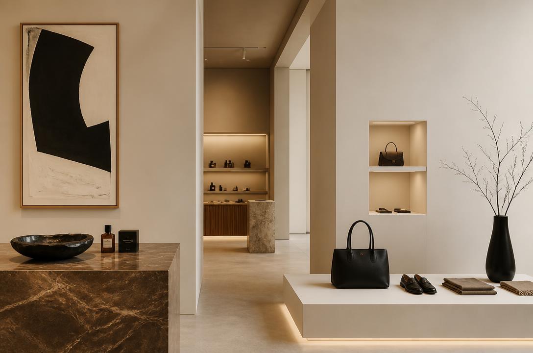 Minimalist luxury retail interior with abstract art
